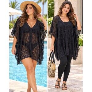O’Rageous Women L Black Lace Tunic Swim Cover Up Kaftan Poncho Sheer Whimsigoth